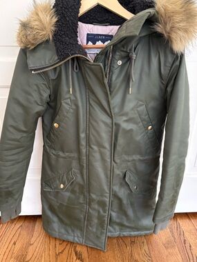 J. Crew Olive Green Puffer Parka with Faux Fur Trim